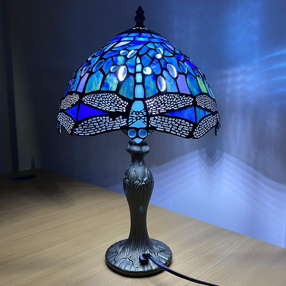 Tiffany Table Lamp 10 Inch Sapphire Dragonfly Stained