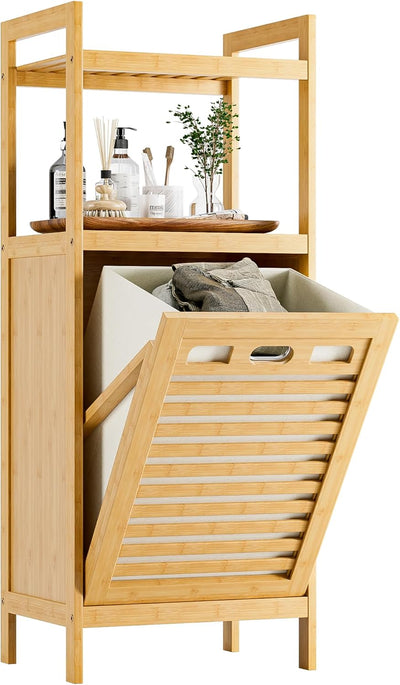 Tilt Out Laundry Hamper Bamboo Basket with Foldable Bag
