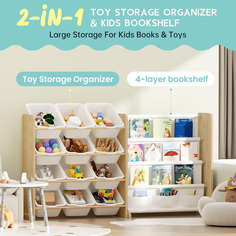 Toy Storage Organiser with Bookshelf 12 Bins 4-Tier