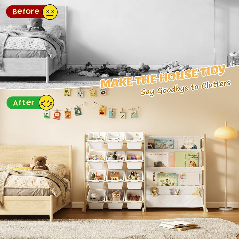 Toy Storage Organiser with Bookshelf 12 Bins 4-Tier