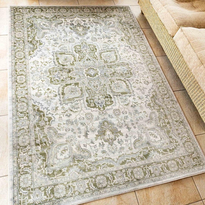 Traditional Antique Floral Medallion Sage Lounge Living Room