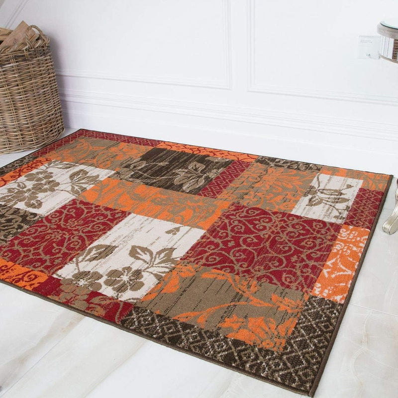 Traditional Terracotta Patchwork Living Room Rug Lounge Area