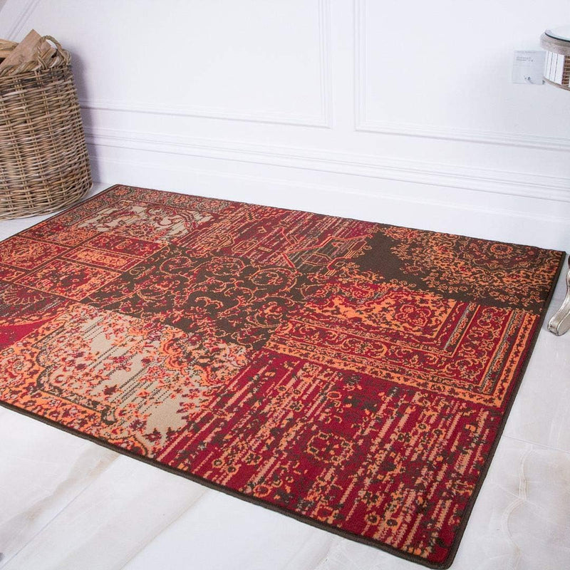 Traditional Terracotta Patchwork Living Room Rug Lounge Area