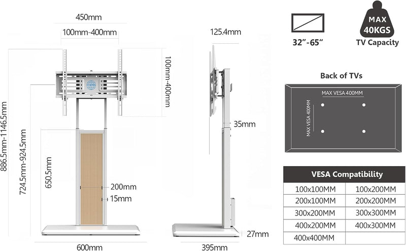 TV Floor Stand for 32-65 Inch Tvs 40KG