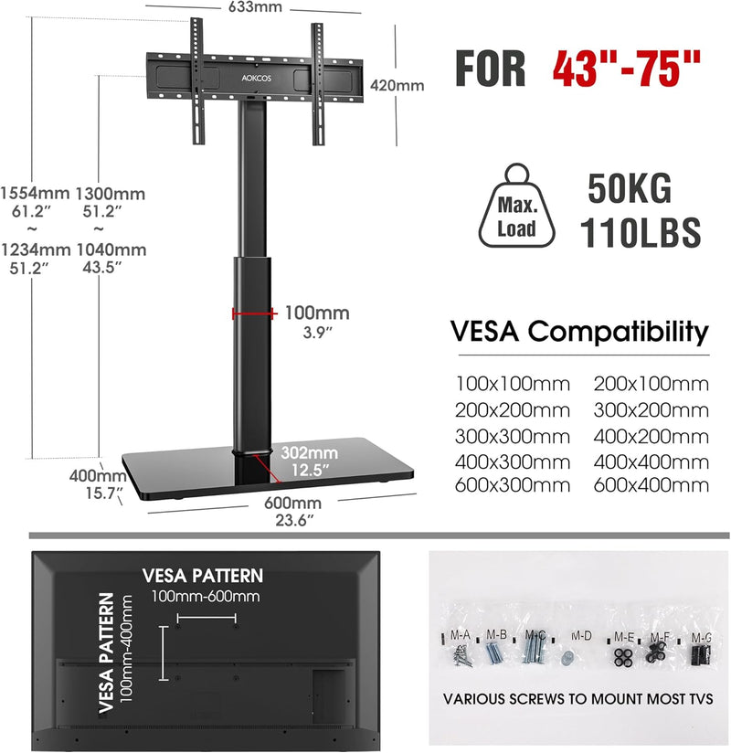 TV Floor Stand Tall for 43 to 75