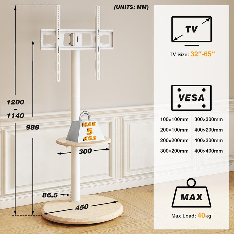 TV Floor Stand with Hidden Wheels for 32-65