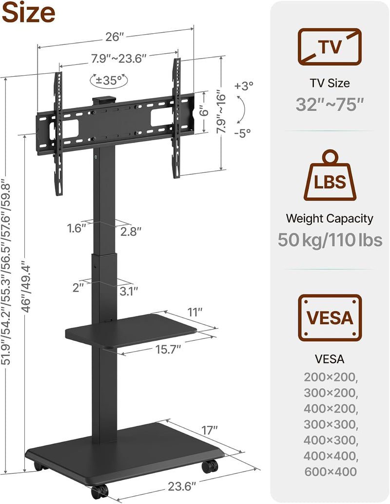 TV Stand on Wheels for 37-75 Inch Up