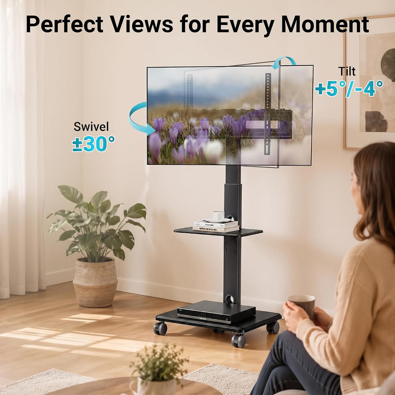 TV Stand on Wheels Height Adjustable Floor Mount