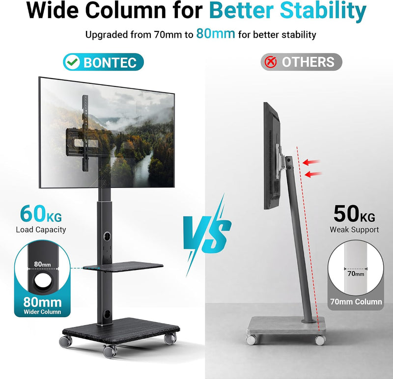 TV Stand on Wheels Height Adjustable Floor Mount