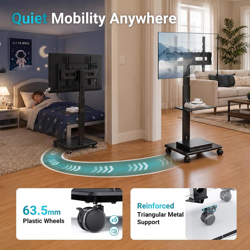 TV Stand on Wheels Height Adjustable Floor Mount