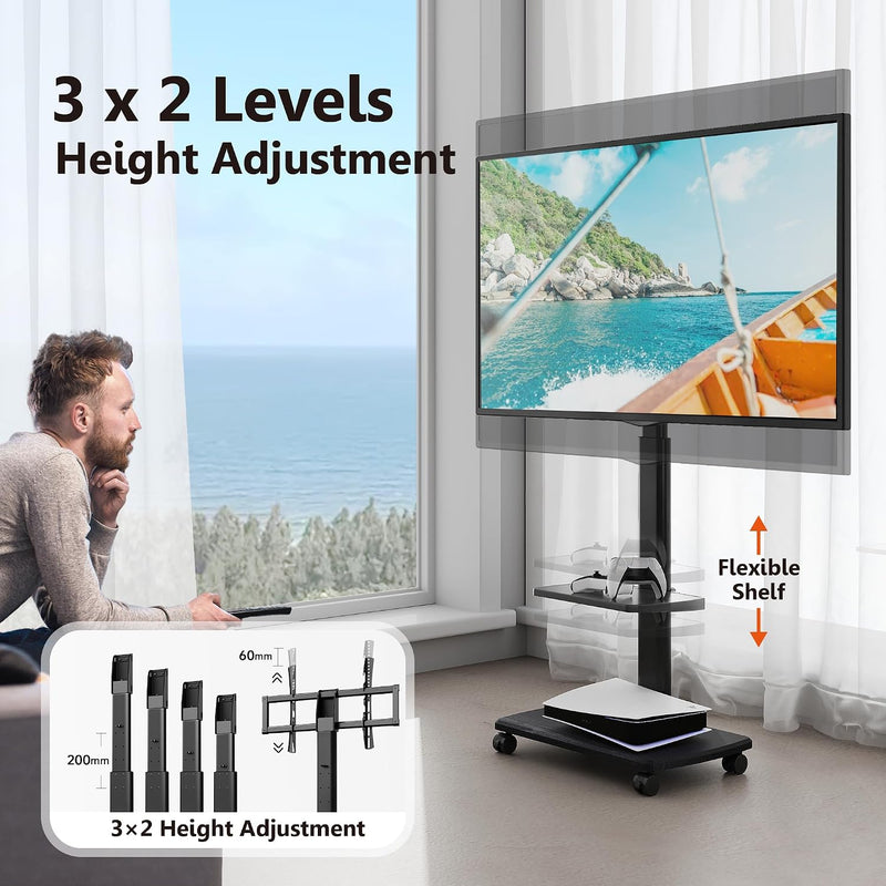 TV Stand on Wheels with 2 Shelves