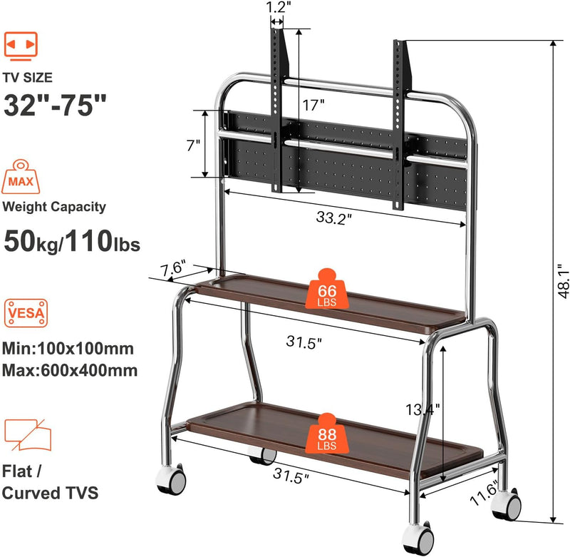 TV Stand on Wheels with 2-Tier Shelves