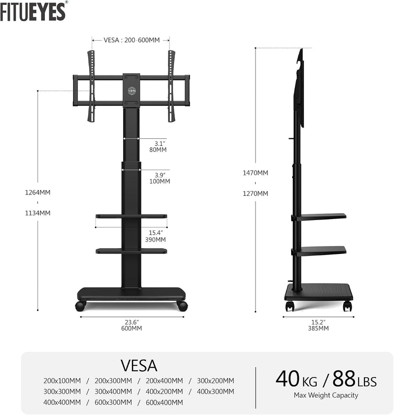 TV Stand on Wheels with 3 Shelves