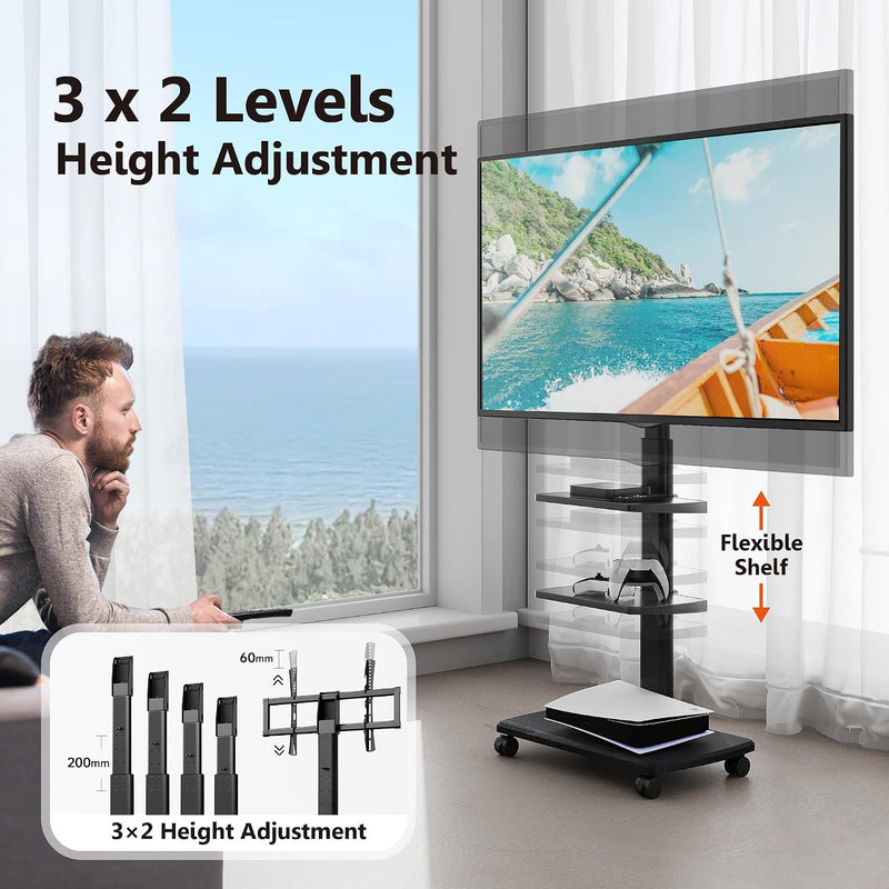 TV Stand on Wheels with 3 Shelves