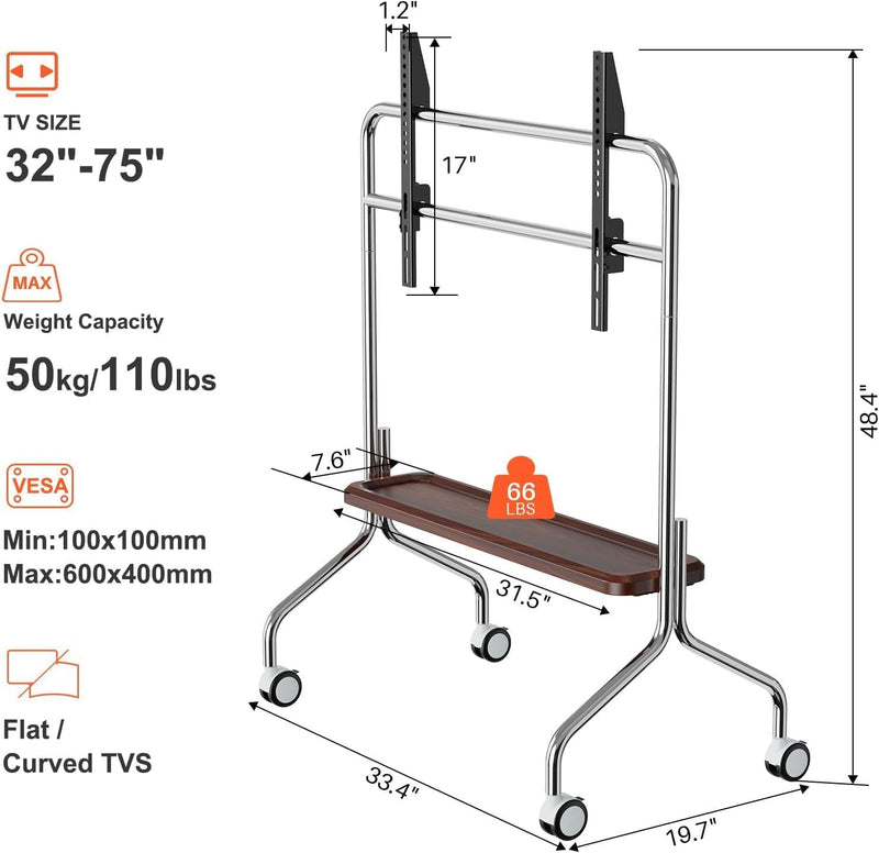 TV Stand on Wheels with Shelf for 32-75