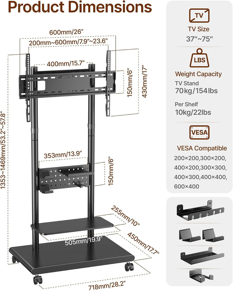 TV Stand on Wheels with Soundbar Mount