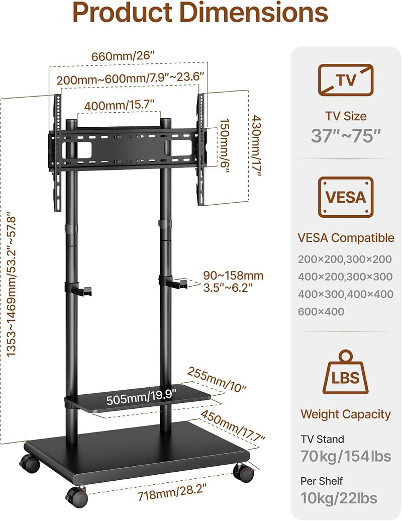 TV Stand on Wheels with Soundbar Mount