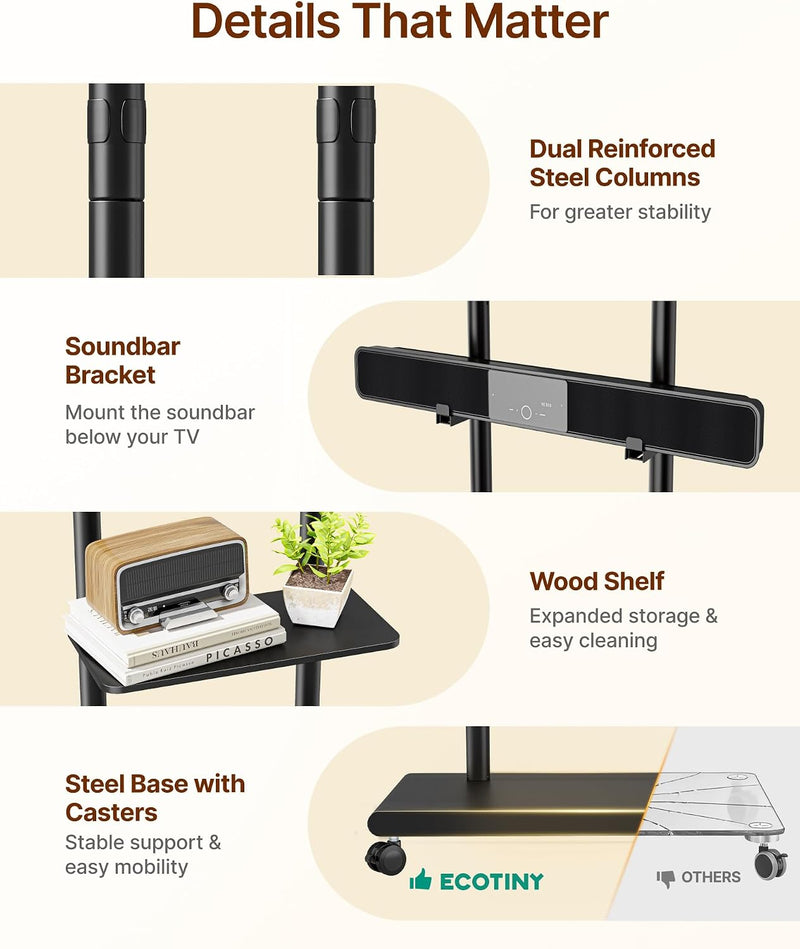 TV Stand on Wheels with Soundbar Mount