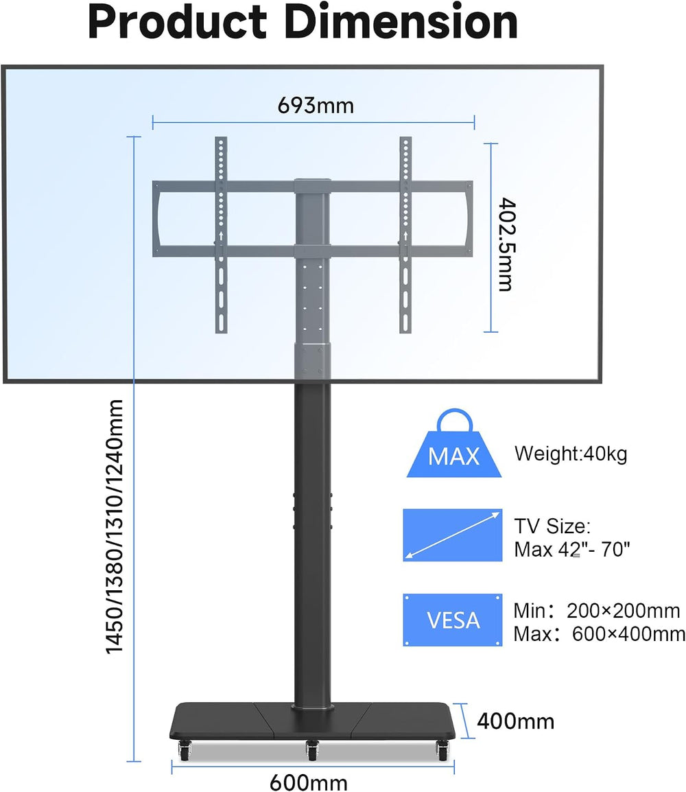 TV Stand with Wheels Height Adjustable for 42