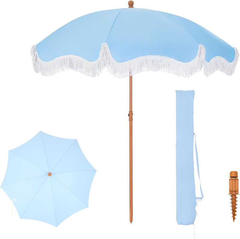 Umbrella 2m Portable Fringed Garden Parasol with Ground