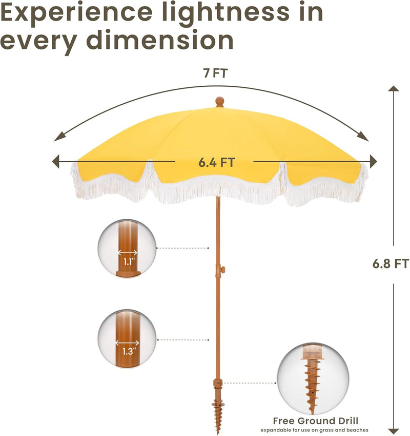 Umbrella 2m Portable Fringed Garden Parasol with Ground