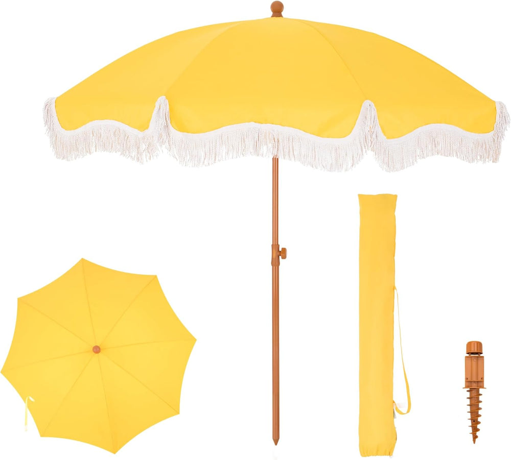 Umbrella 2m Portable Fringed Garden Parasol with Ground