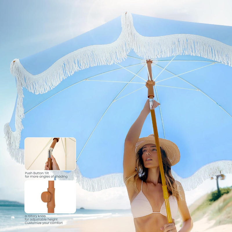 Umbrella 2m Portable Fringed Garden Parasol with Ground