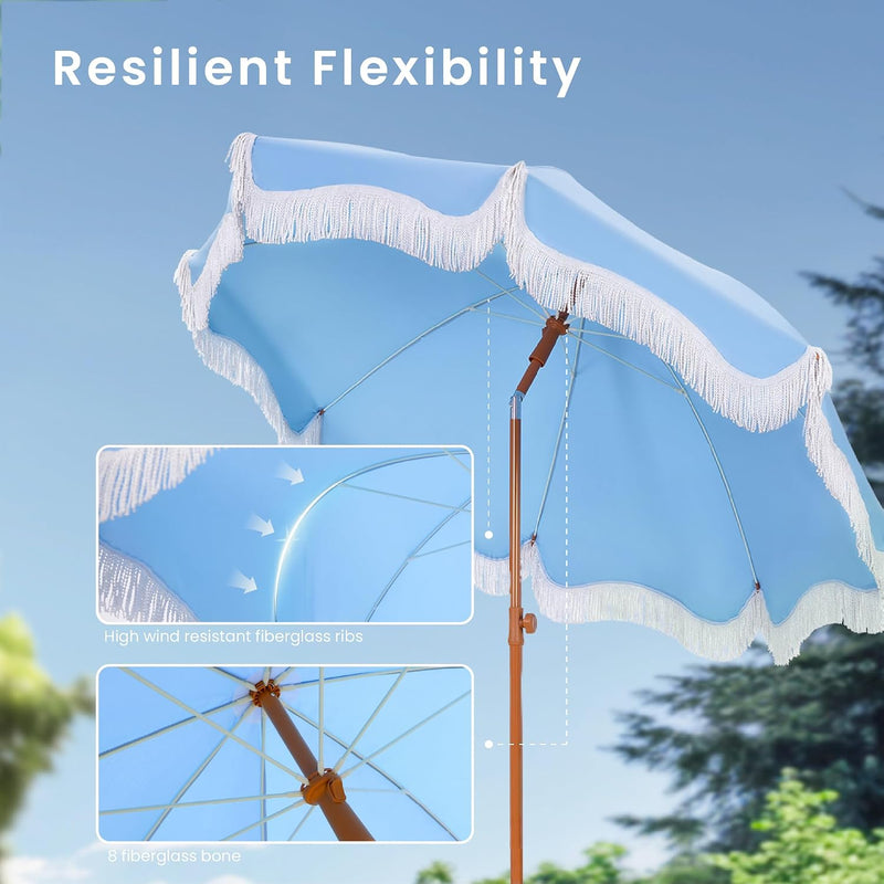 Umbrella 2m Portable Fringed Garden Parasol with Ground