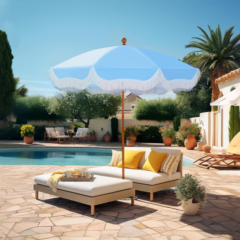 Umbrella 2m Portable Fringed Garden Parasol with Ground