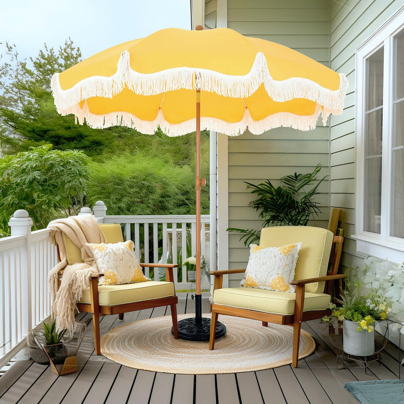 Umbrella 2m Portable Fringed Garden Parasol with Ground
