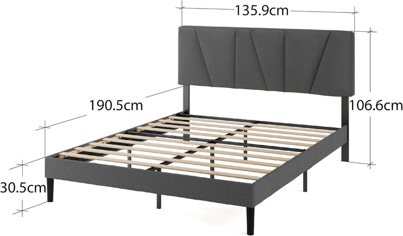 Upholstered Bed Frame with Headboard Fabric Wooden Slat