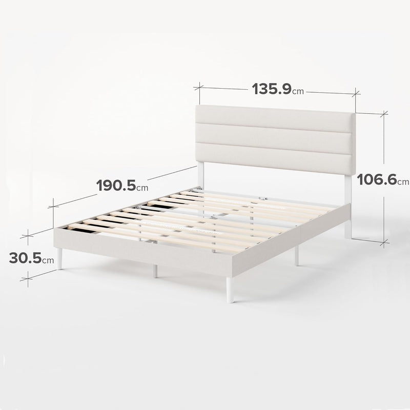 Upholstered Bed Frame with Headboard Fabric Wooden Slat