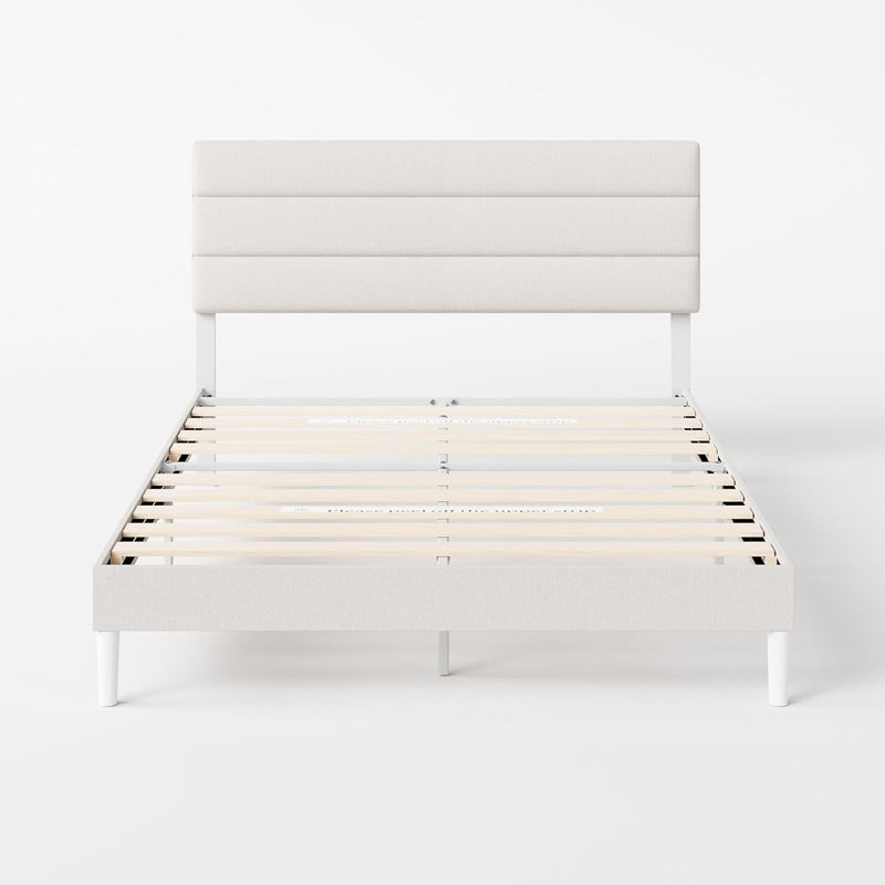 Upholstered Bed Frame with Headboard Fabric Wooden Slat