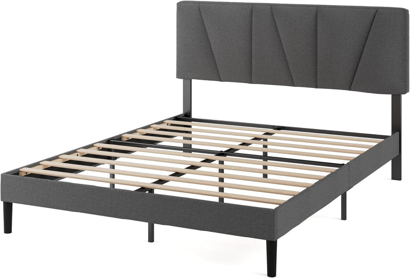 Upholstered Bed Frame with Headboard Fabric Wooden Slat