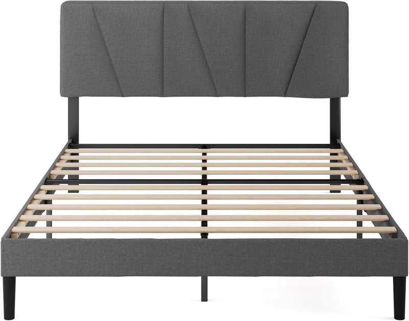 Upholstered Bed Frame with Headboard Fabric Wooden Slat
