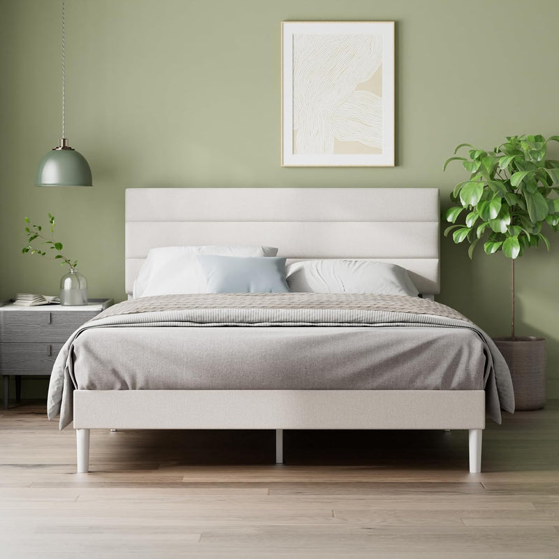 Upholstered Bed Frame with Headboard Fabric Wooden Slat