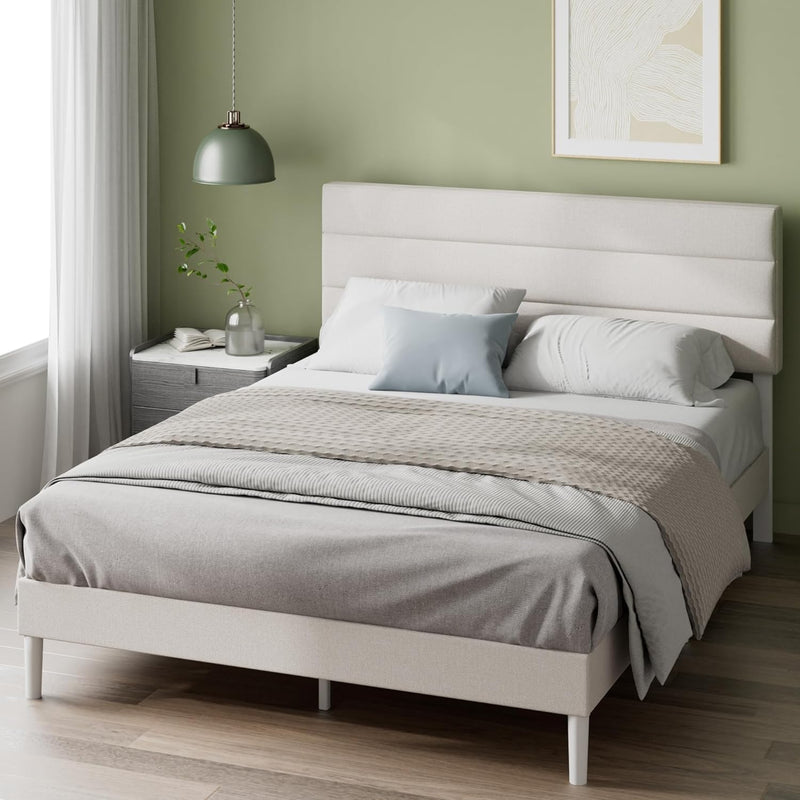 Upholstered Bed Frame with Headboard Fabric Wooden Slat