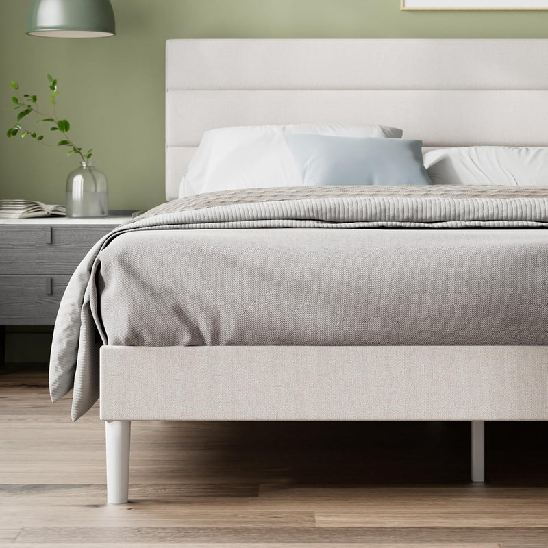 Upholstered Bed Frame with Headboard Fabric Wooden Slat