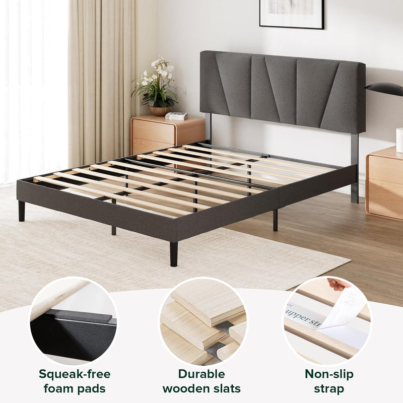 Upholstered Bed Frame with Headboard Fabric Wooden Slat