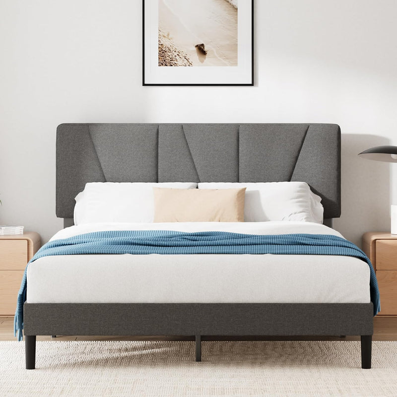 Upholstered Bed Frame with Headboard Fabric Wooden Slat
