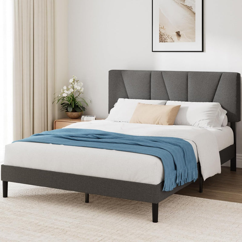 Upholstered Bed Frame with Headboard Fabric Wooden Slat