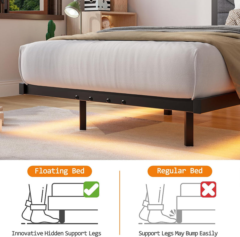 Upholstered Floating Bed Frame Storage Headboard