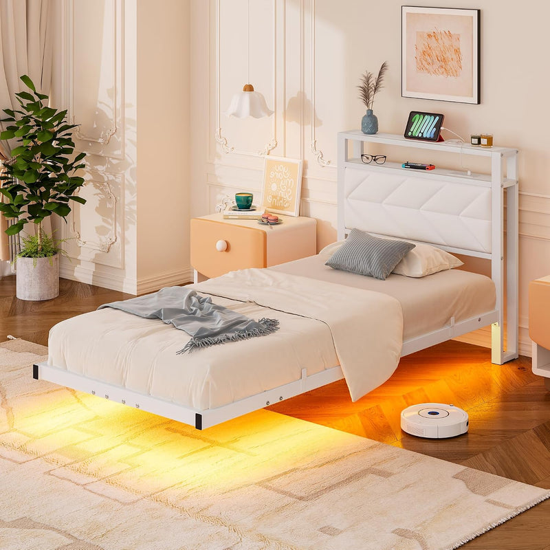 Upholstered Floating Bed Frame Storage Headboard