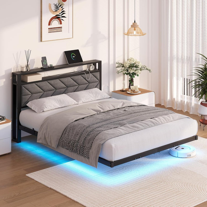 Upholstered Floating Bed Frame Storage Headboard