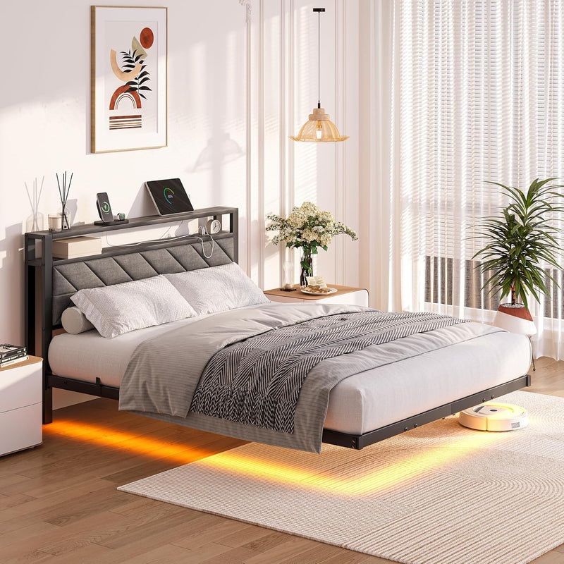 Upholstered Floating Bed Frame Storage Headboard