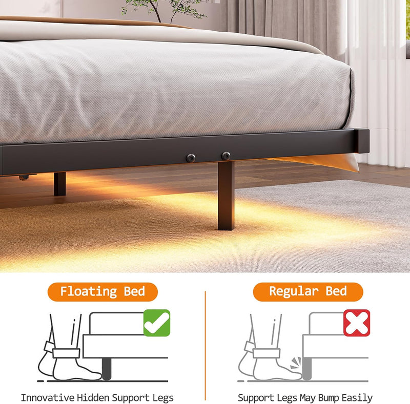 Upholstered Floating Bed Frame Storage Headboard