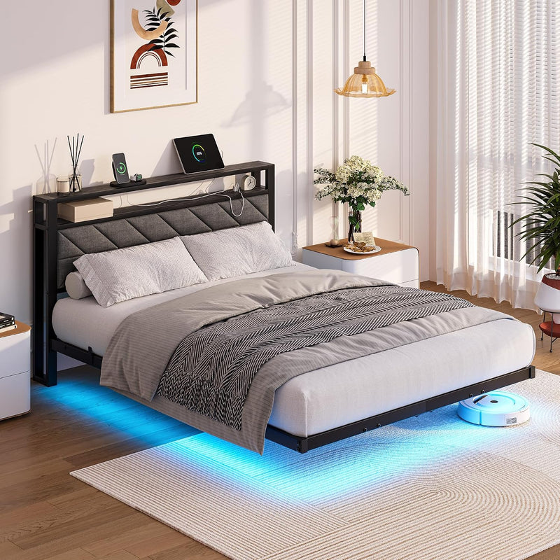 Upholstered Floating Bed Frame Storage Headboard