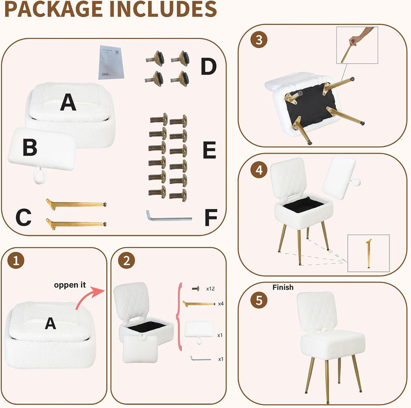 Vanity Chair with Stroage Sherpa Fleece Dressing Table