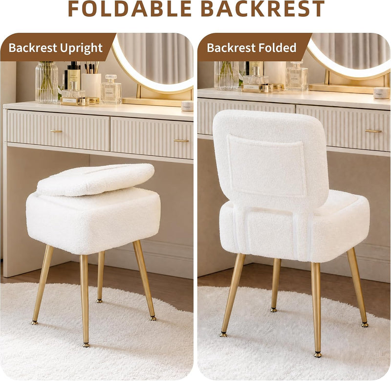 Vanity Chair with Stroage Sherpa Fleece Dressing Table