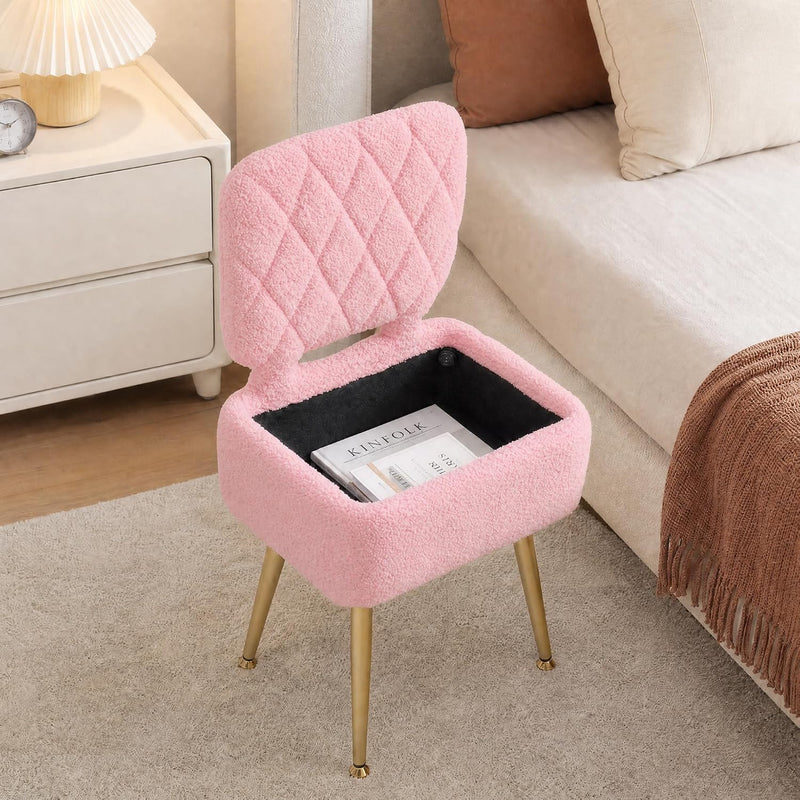 Vanity Chair with Stroage Sherpa Fleece Dressing Table